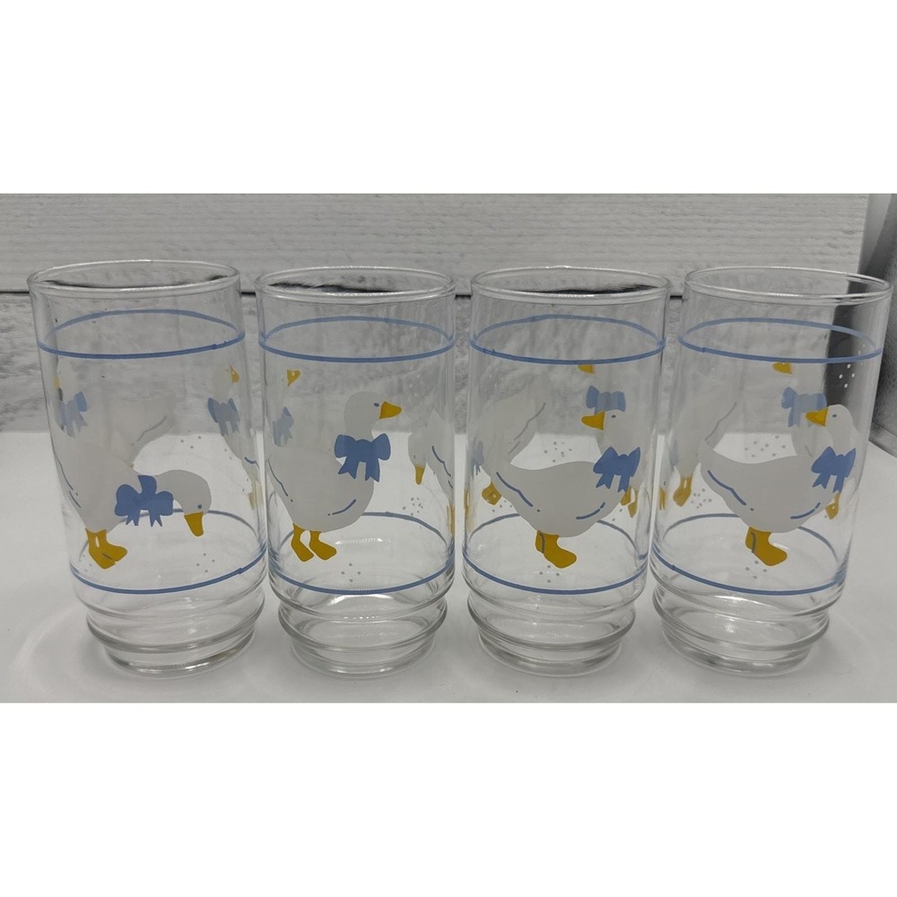 Vintage Drinking Glasses Country Goose Blue Ribbon Bow Geese Set Of 4 New Flaws